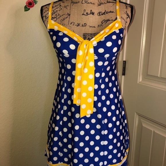 Rare Betsey Johnson Swim Dress/ Coverup in Blue White & Yellow Polka Dot Sz S - Picture 1 of 8